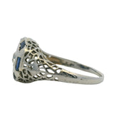 Antique Early 1920s Solid 14kt White Gold Old Euro Diamond and Sapphire Filigree Deco Ring Size 6