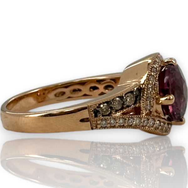 LeVian Solid 14kt Solid Rose Gold and Purple Garnet (Umbalite) Ring with Champagne and White Vanilla Diamond Accents Size 7