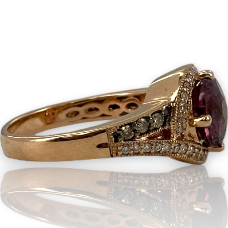 LeVian Solid 14kt Solid Rose Gold and Purple Garnet (Umbalite) Ring with Champagne and White Vanilla Diamond Accents Size 7