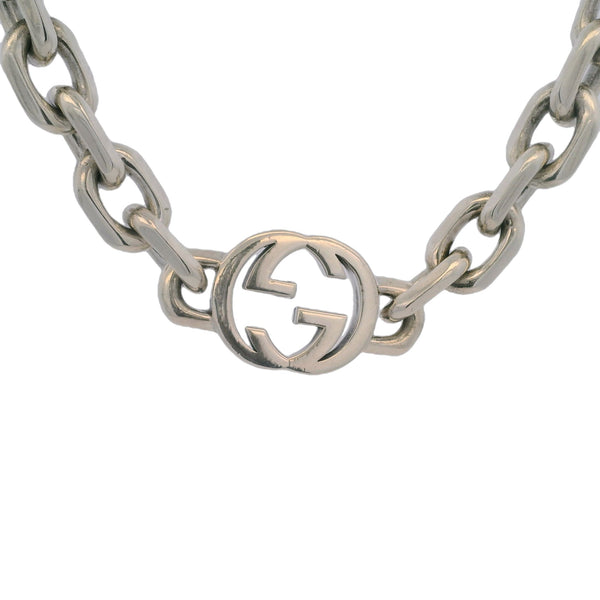 GUCCI 925 Sterling Silver Interlocking Chain Double Logo 8.5" Bracelet Made in Italy