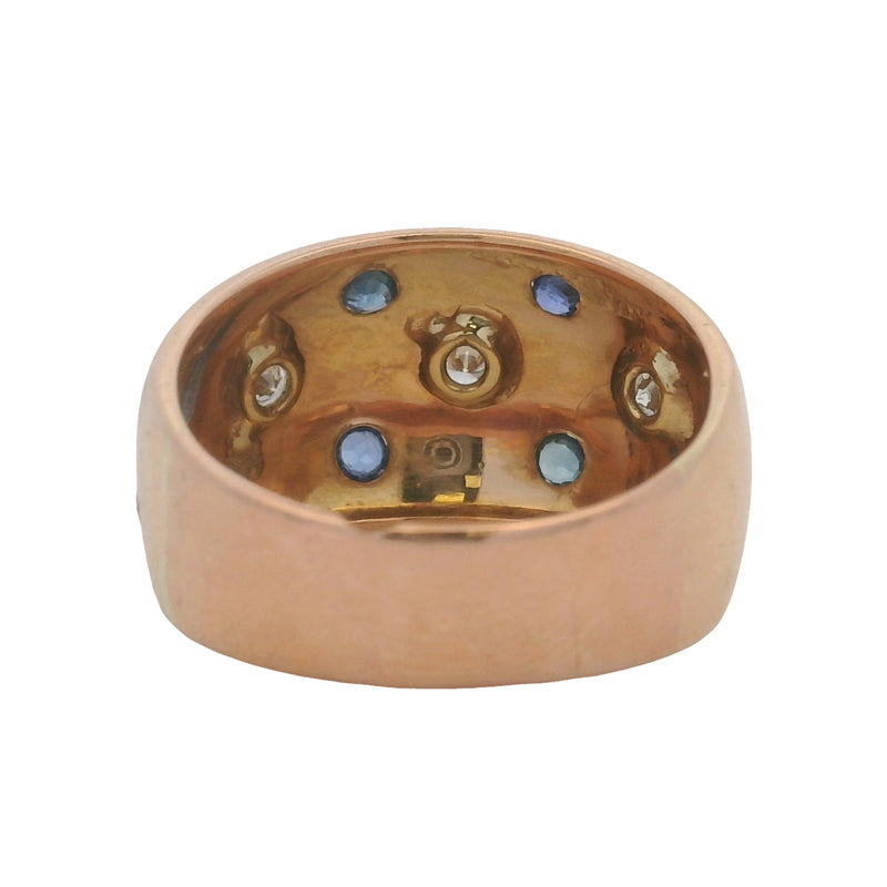 Vintage Solid 18kt Rose Gold 12mm Wide Dome Ring with Diamonds and Sapphires Size 7.5