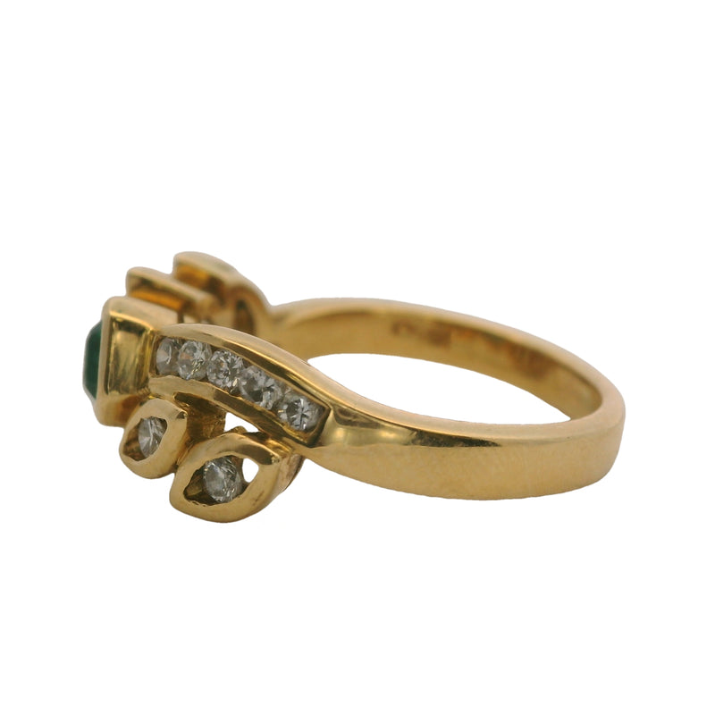 18kt Yellow Gold and Emerald Solitaire Ring with Diamond Leaf and Side Accents Size 7