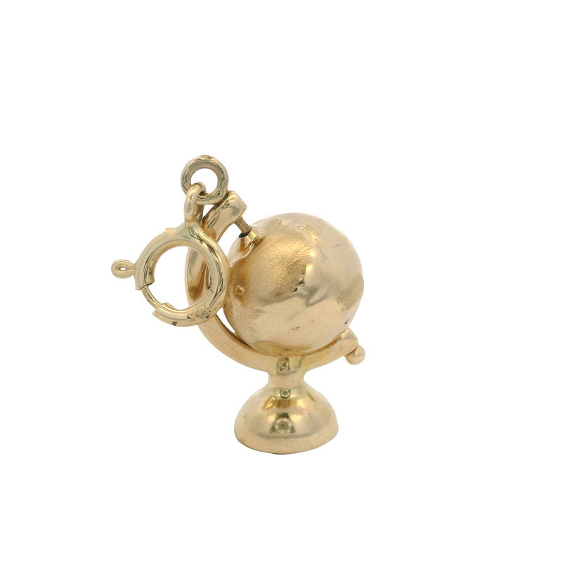 Vintage Turkish Solid 14kt Yellow Gold Spinning Globe Earth Charm with Spring Ring