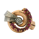 Vintage 1930s Solid Rose White Gold Retro Spiral Ring with Diamond Rubies Size 8