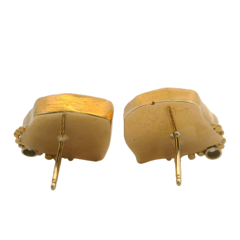 18kt Yellow Gold Handmade Bezel Set Watermelon Tourmaline Slice and Diamond Brutalist Stud Earrings