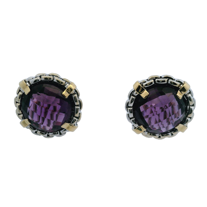 Italian14kt Yellow and White Gold Chain Pattern 22mm Large Amethyst Omega-Back Earrings