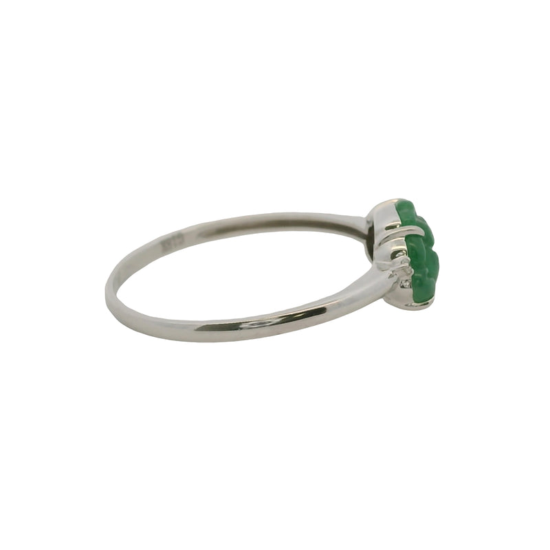 Solid 18kt White Gold and Carved Jade Flower and Diamond Ring Size 7.25