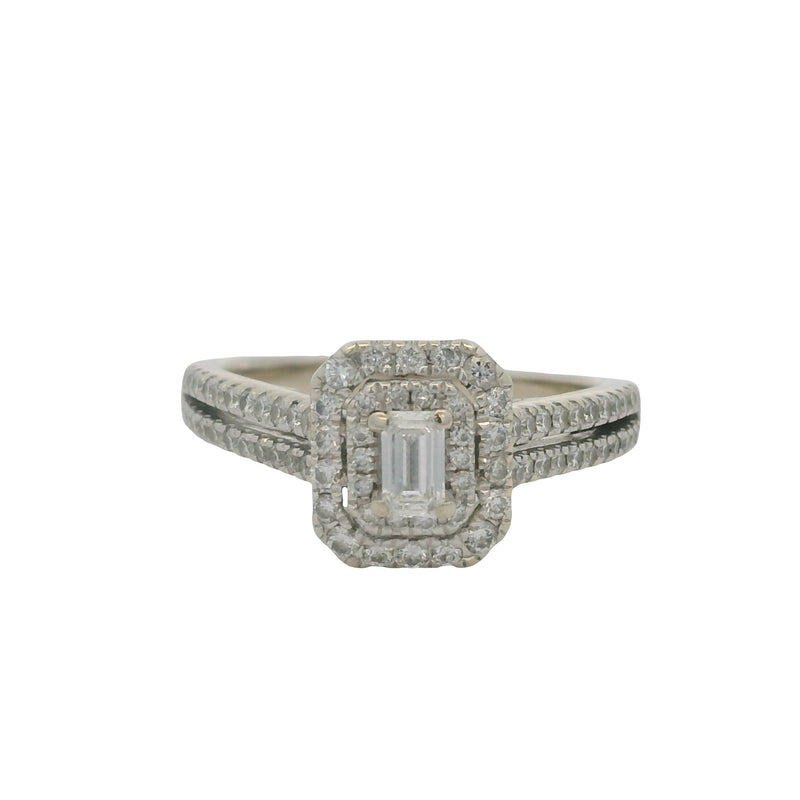 Vera Wang Love Solid 14kt White Gold and Diamond Emerald Cut Double Halo Engagement Ring Size 8.75
