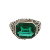Antique 1920s Art Deco 14kt White Gold and Green Glass Filigree Cocktail Ring Size 6