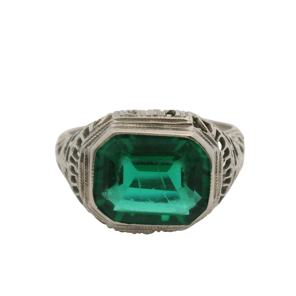 Antique 1920s Art Deco 14kt White Gold and Green Glass Filigree Cocktail Ring Size 6