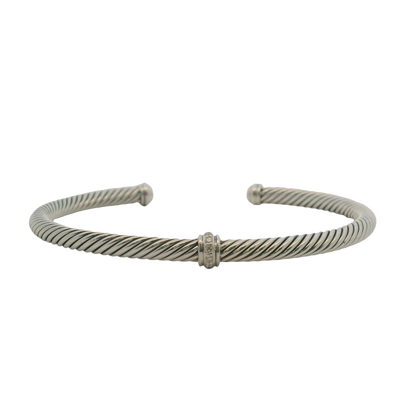 David Yurman 925 Sterling Silver Cable Flex Station Bracelet with Diamonds Size M 6.5