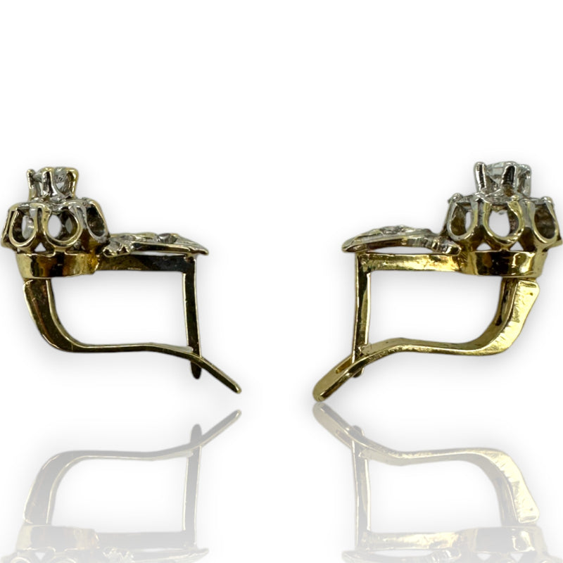 1970s Victorian Revival Solid 14kt White and Yellow Gold Sleeper-Style Cubic Zirconia (CZ) Snap Closure Huggie Earrings