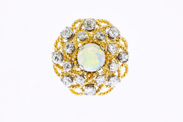 Vintage 1960-80s Opal & Diamond Cluster Rope Accent 14K 585 Yellow Gold Cocktail Ring Size 3 3/4