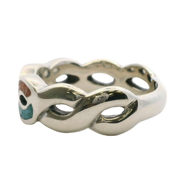 Carolyn Pollack 925 Sterling Silver Turquoise And Coral Chip Braided Crossover Ring Size 10