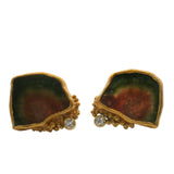 18kt Yellow Gold Handmade Bezel Set Watermelon Tourmaline Slice and Diamond Brutalist Stud Earrings