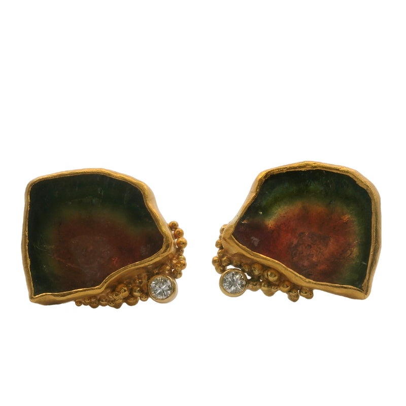 18kt Yellow Gold Handmade Bezel Set Watermelon Tourmaline Slice and Diamond Brutalist Stud Earrings