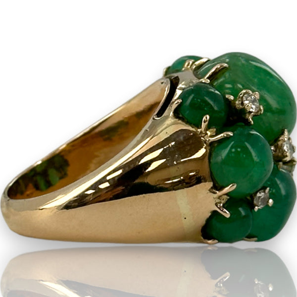 Vintage 1950-70s Large Cabochon Vivid Green Emerald Cluster Cocktail Ring Solid 13k Yellow Gold with Diamond Accents Size 8
