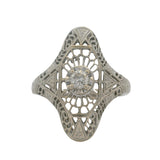 Vintage Mid-Century Deco Revival Solid 14kt White Gold Filigree Dinner Ring with Diamond Size 5.75