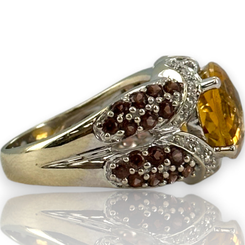 14kt Solid White Gold Cocktail Ring with Large Citrine, Diamonds, and Tourmaline Sides Size 6
