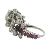 Vintage Mid Century Solid 950 Platinum Large 3.26ctw Natural Diamond and Ruby Cluster Cocktail Ring Size 8