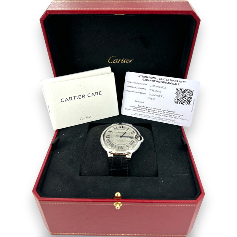 Cartier 3765 Ballon Bleu Date 42mm WSBB0049 Steel Leather Watch B&P