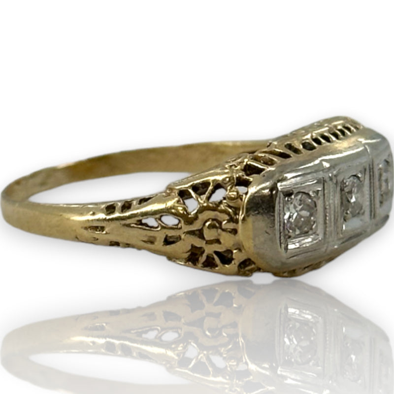 Vintage 14kt Yellow/White Gold Cast of Art Deco Filigree Ring with Original Old Euro and Transitional Diamonds