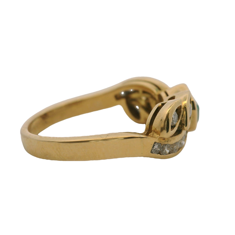 18kt Yellow Gold and Emerald Solitaire Ring with Diamond Leaf and Side Accents Size 7