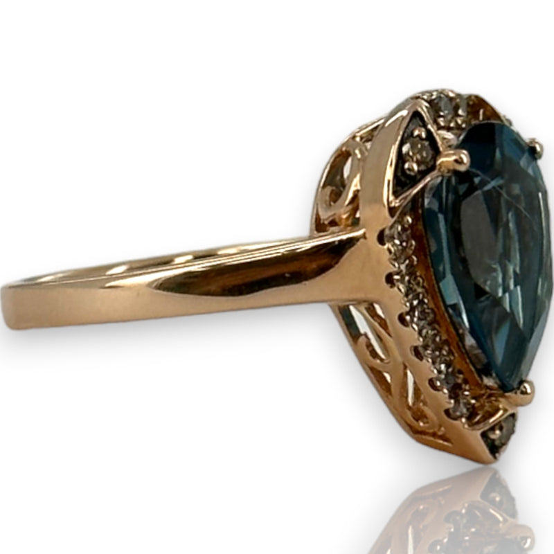 LeVian Signed Solid 14kt Strawberry Rose Gold and Pear Shaped Deep Sea Blue Topaz Ring with Diamond Halo Size 6.75