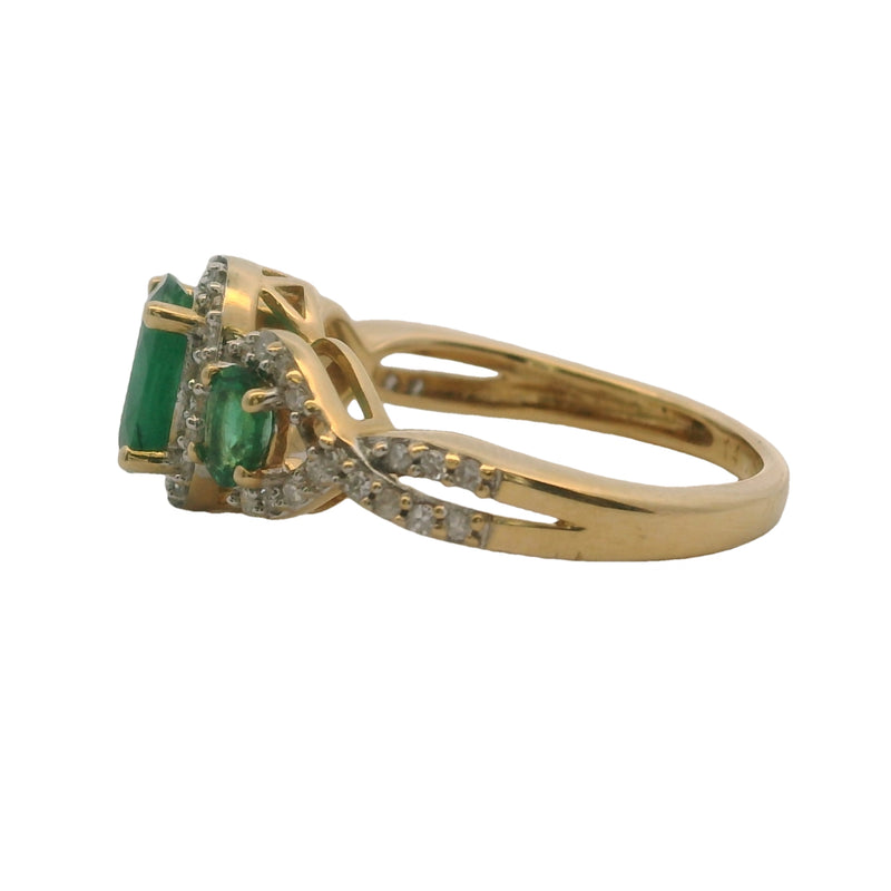 Natural Emerald & Diamond Halo Accent Band 14K 585 Yellow Gold Ring Size 5 1/2