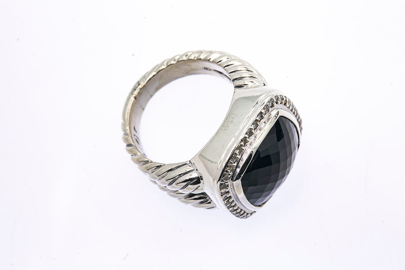 David Yurman 14mm Albion Onyx & Diamond Halo Band 925 Sterling Silver Ring Sz 7