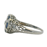 Antique Early 1920s Solid 14kt White Gold Old Euro Diamond and Sapphire Filigree Deco Ring Size 6