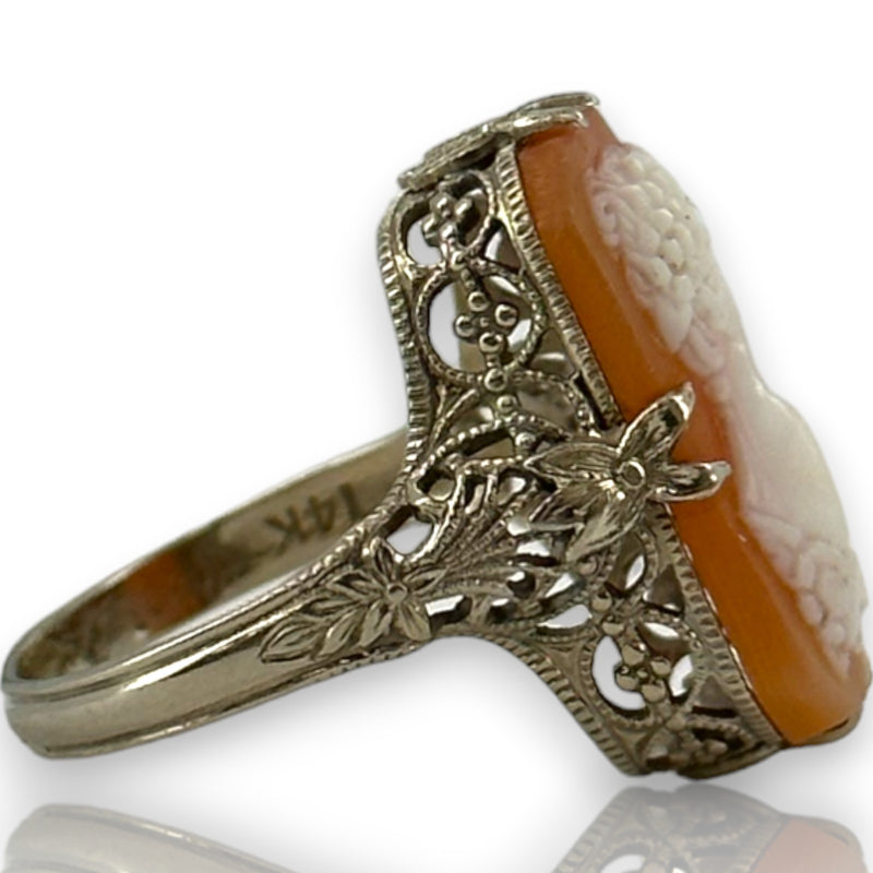 Early 1920s Art Deco 14kt White Gold Filigree and Conch Shell Cameo Ring