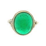 Antique 1920s Solid 14kt White Gold and Green Glass Cabochon Filigree Ring Size 5.5