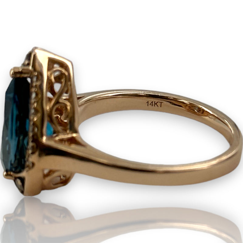 LeVian Signed Solid 14kt Strawberry Rose Gold and Pear Shaped Deep Sea Blue Topaz Ring with Diamond Halo Size 6.75