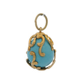 Vintage Solid 14kt Yellow Gold and Turquoise Decorated Scroll Egg Necklace Pendant