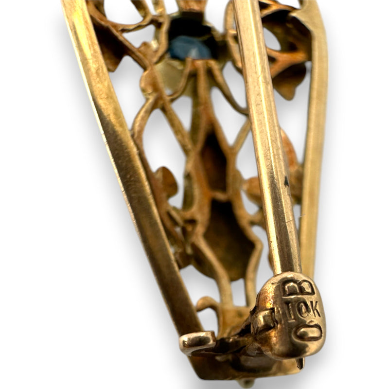 Ostby & Barton Co Antique 1930s 10kt Yellow and White Gold Filigree Brooch with Glass and Seed Pearls