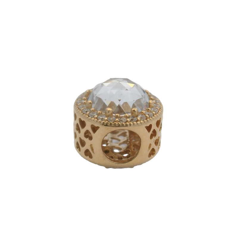 Charm espaciador Pandora de oro amarillo macizo de 14 kt con corazones radiantes y circonita cúbica