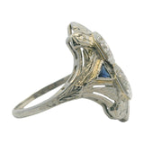 Antique Solid 18kt White Gold, Old European Diamond, and Sapphire Dinner Cocktail Ring Size 9.5