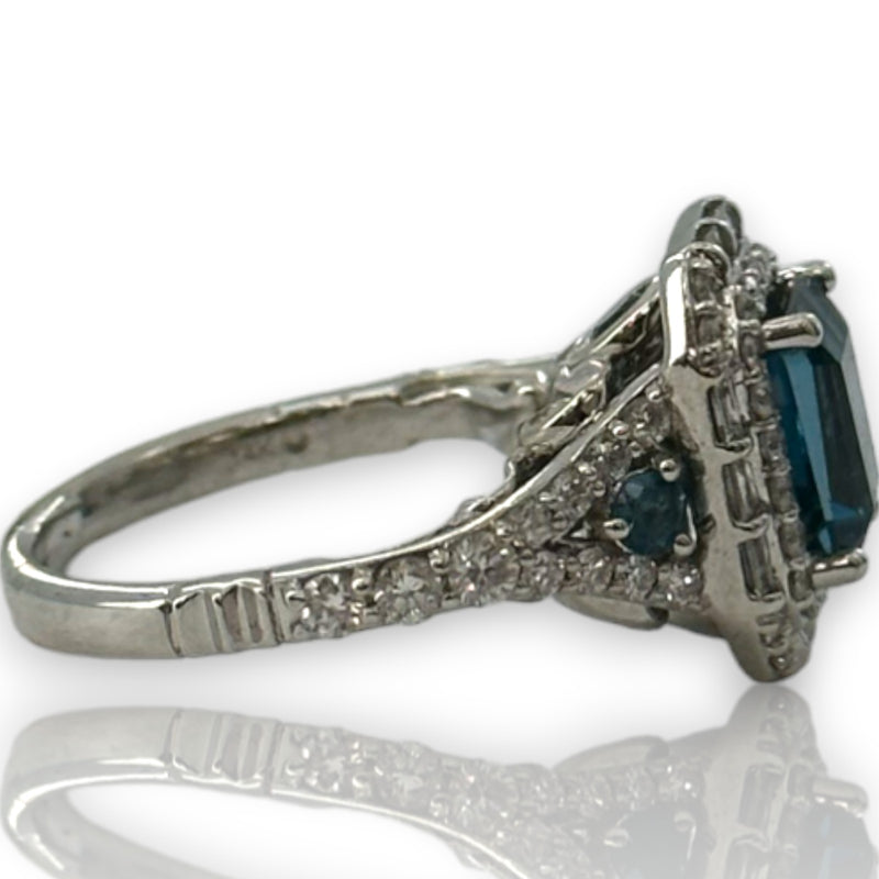 Disney Enchanted Cinderella 14kt Solid White Gold and Emerald Cut London Blue Topaz Ring with Double Diamond Halo and Diamond and Blue Topaz Accents