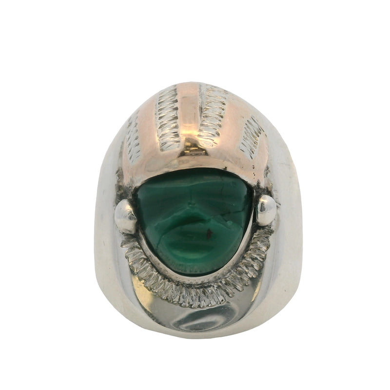 Vintage Mexican 925 Sterling Silver and Carved Green Onyx Aztec Warrior Ring Size 7.5