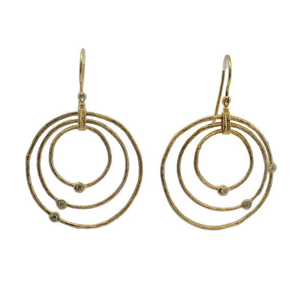 D2D Solid 18kt Yellow Gold 3 Textured Circle Diamond Hook Dangle/Drop Earrings