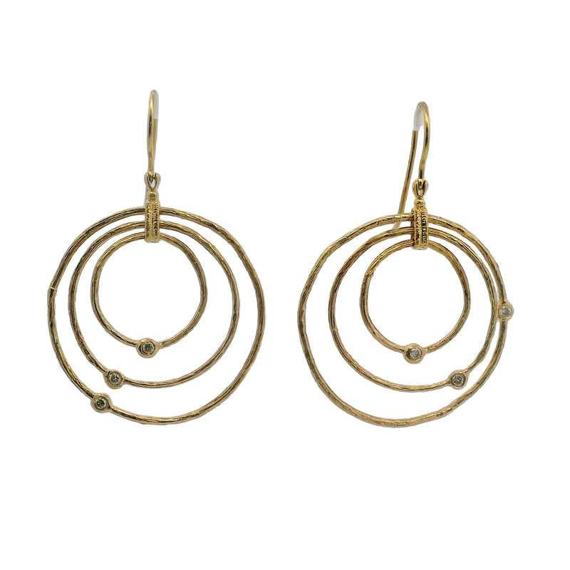 D2D Solid 18kt Yellow Gold 3 Textured Circle Diamond Hook Dangle/Drop Earrings