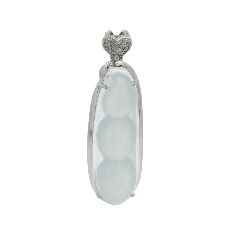 Vintage Solid 18kt White Gold Ice Jadite Jade Peapod Long Pendant with Diamond Cluster Heart