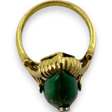 Vintage 1960-70s Solid 14kt Yellow Gold and Green Enamel Navette Ring with Floral Filigree Detail and Two Small Diamonds Size 6.25