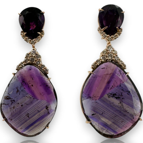 JRG Unique Solid 18kt Rose Gold Thin-Sliced Amethyst and Diamond 1.8" Long Drop/Dangle Earrings