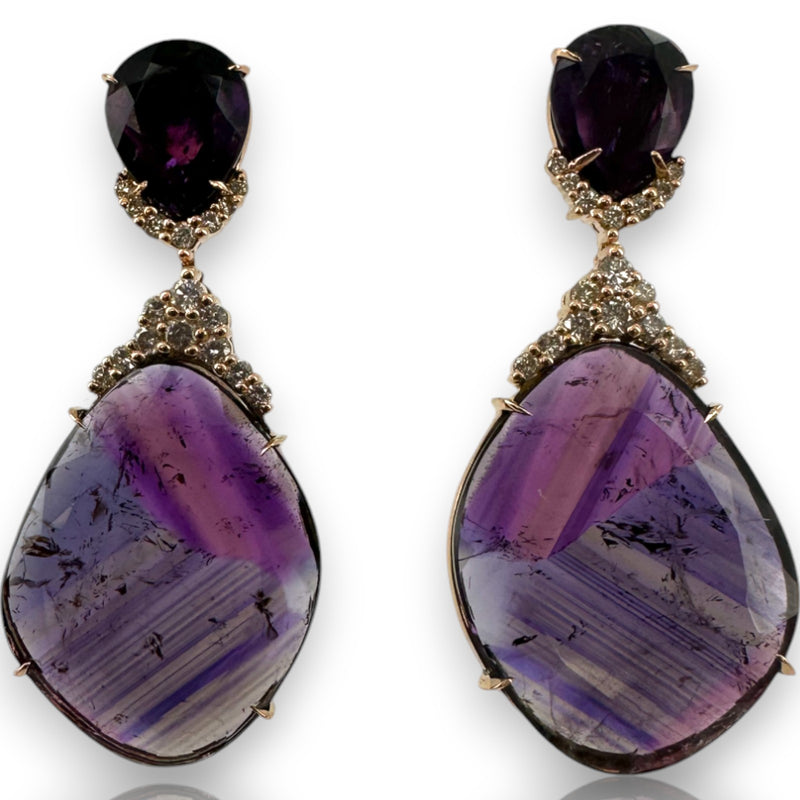 JRG Unique Solid 18kt Rose Gold Thin-Sliced Amethyst and Diamond 1.8" Long Drop/Dangle Earrings