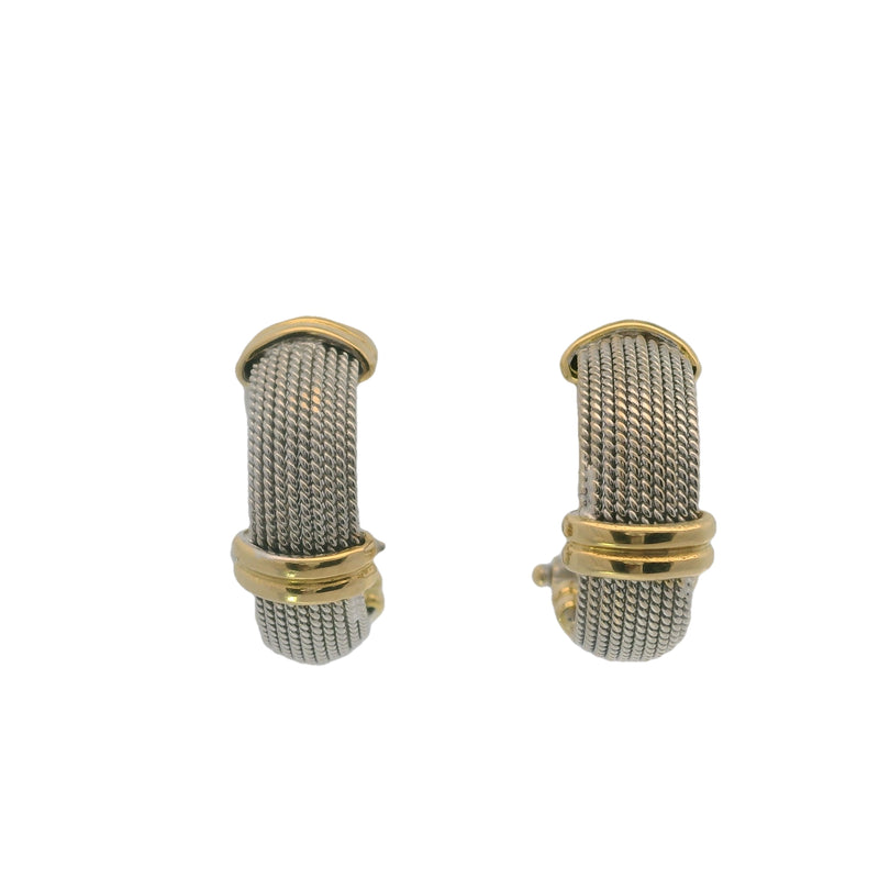 Italian 18kt Yellow and White Gold Twisted Rope Pierced Huggie Hoop Omega-Back Earrings