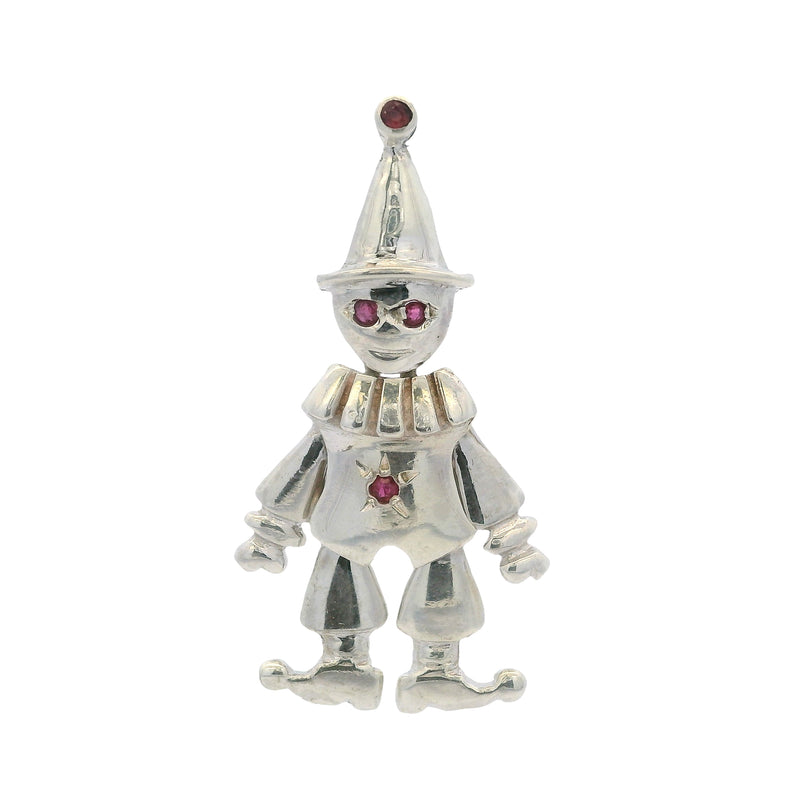 Vintage Solid 925 Sterling Silver and Lab Ruby Dancing Clown Articulated Pendant