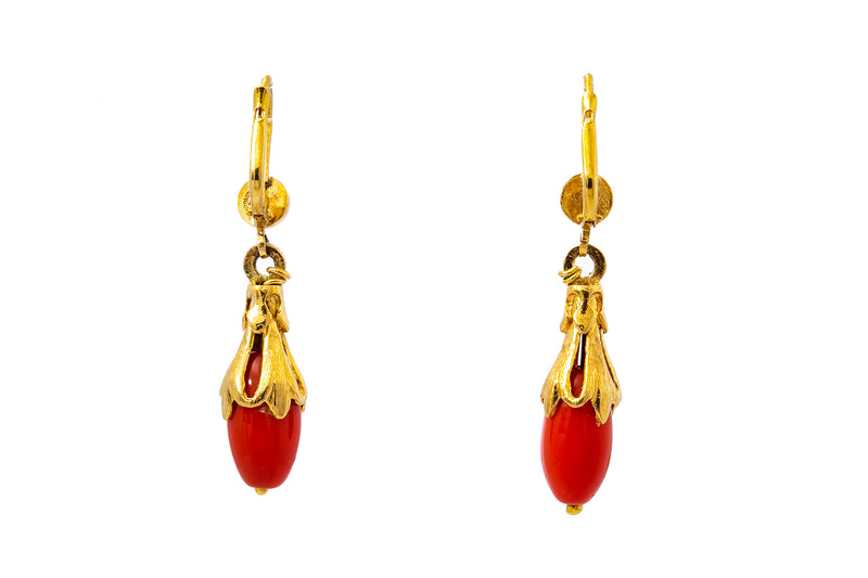 Vintage Corletto 18k 750 Yellow Gold Drop Red Earrings