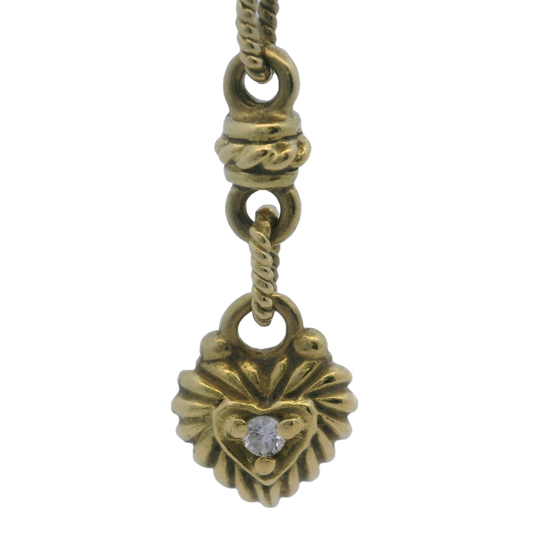 Solid 18kt Yellow Gold and Diamond Fleur-de-lis Heart Drop Pendant 15" Knots Necklace
